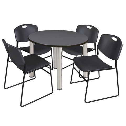 Regency Kee 36 in Round Breakroom Table Top Black Legs 4 Zeng Stack Chairs