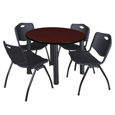 Regency Kee 36 in Round Breakroom Table Top Black Legs 4 M Stack Chairs