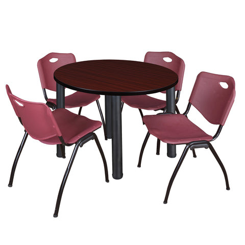 Regency Kee 36 in Round Breakroom Table Top Black Legs 4 M Stack Chairs