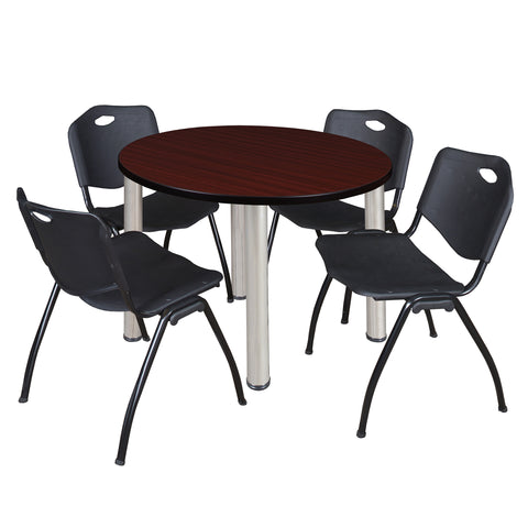 Regency Kee 36 in Round Breakroom Table Top Black Legs 4 M Stack Chairs