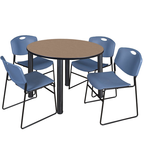 Regency Kee 36 in Round Breakroom Table Top Black Legs 4 Zeng Stack Chairs