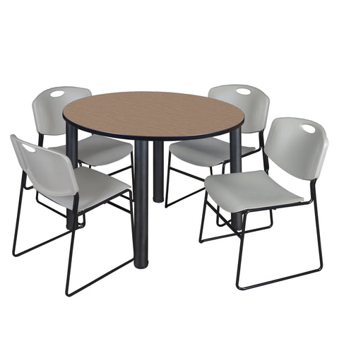 Regency Kee 36 in Round Breakroom Table Top Black Legs 4 Zeng Stack Chairs
