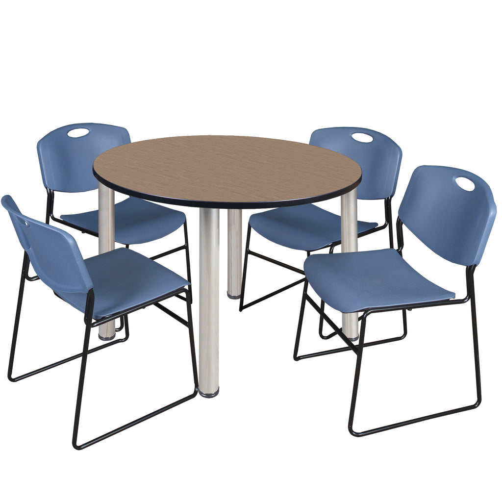 Regency Kee 36 in Round Breakroom Table Top Black Legs 4 Zeng Stack Chairs