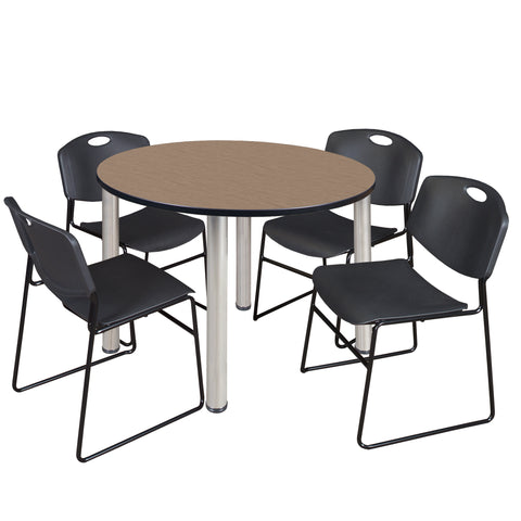 Regency Kee 36 in Round Breakroom Table Top Black Legs 4 Zeng Stack Chairs