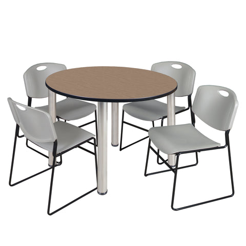 Regency Kee 36 in Round Breakroom Table Top Black Legs 4 Zeng Stack Chairs