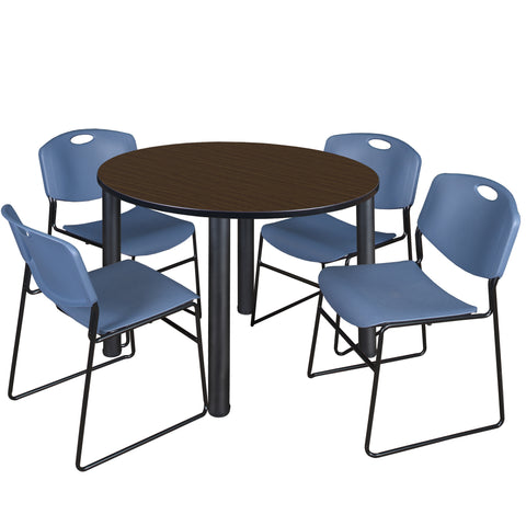 Regency Kee 36 in Round Breakroom Table Top Black Legs 4 Zeng Stack Chairs