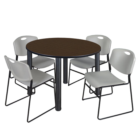 Regency Kee 36 in Round Breakroom Table Top Black Legs 4 Zeng Stack Chairs