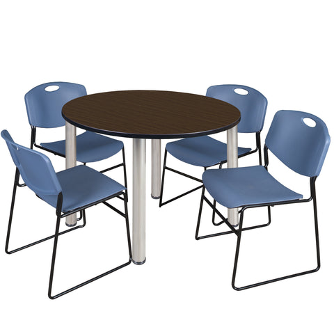 Regency Kee 36 in Round Breakroom Table Top Black Legs 4 Zeng Stack Chairs