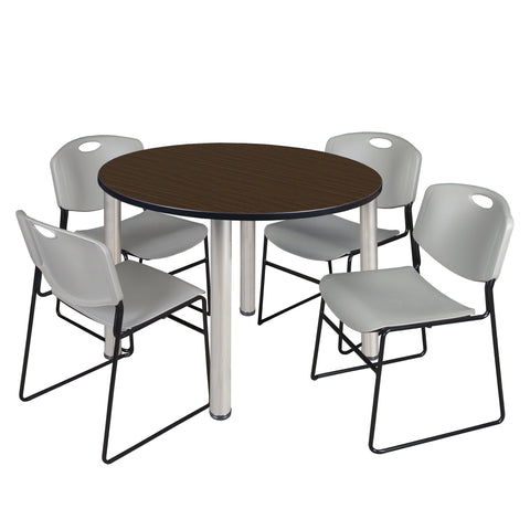 Regency Kee 36 in Round Breakroom Table Top Black Legs 4 Zeng Stack Chairs