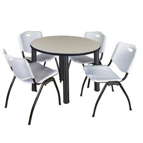 Regency Kee 36 in Round Breakroom Table Top Black Legs 4 M Stack Chairs