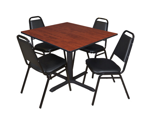 Regency Cain 30 in. Square XBase Breakroom Table & 4 Restaurant Stack Chairs Black