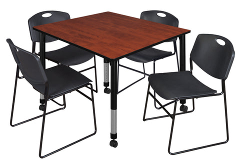 Regency Kee 30 in. Square Mobile Adjustable Classroom Table & 4 Zeng Stack Chairs Black