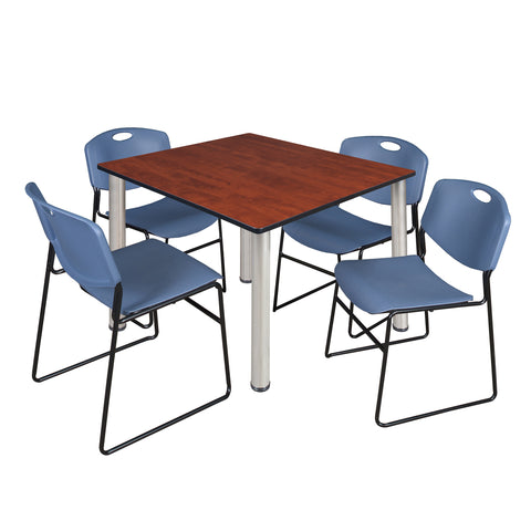 Regency Kee 30 in Square Breakroom Table Top Black Legs 4 Zeng Stack Chairs