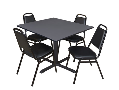 Regency Cain 30 in. Square XBase Breakroom Table & 4 Restaurant Stack Chairs Black