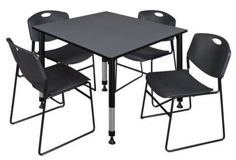 Regency Kee 30 in. Square Adjustable Classroom Table & 4 Zeng Stack Chairs Black