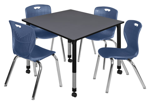 Regency Kee 30 in. Square Mobile Adjustable Classroom Table & 4 Andy 18 in. Stack Chairs Black