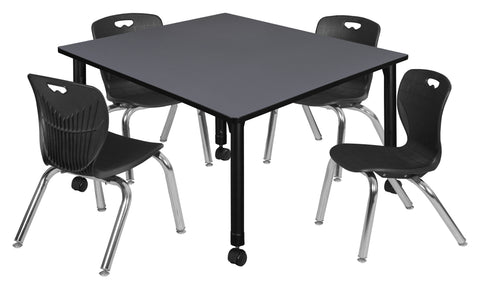 Regency Kee 30 in. Square Mobile Adjustable Classroom Table & 4 Andy 12 in. Stack Chairs Black