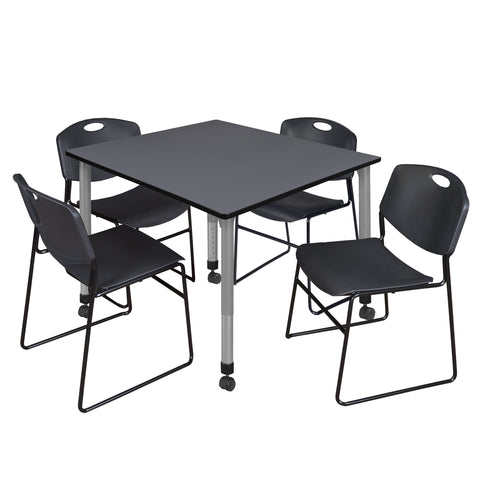 Regency Kee 30 in. Square Mobile Adjustable Classroom Table & 4 Zeng Stack Chairs Black