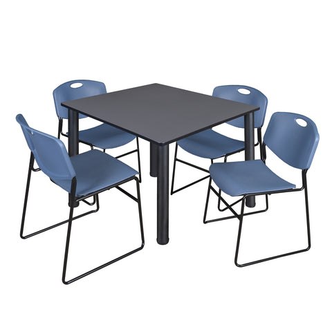 Regency Kee 30 in Square Breakroom Table Top Black Legs 4 Zeng Stack Chairs