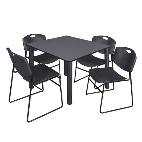 Regency Kee 30 in Square Breakroom Table Top Black Legs 4 Zeng Stack Chairs