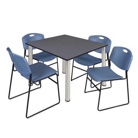 Regency Kee 30 in Square Breakroom Table Top Black Legs 4 Zeng Stack Chairs