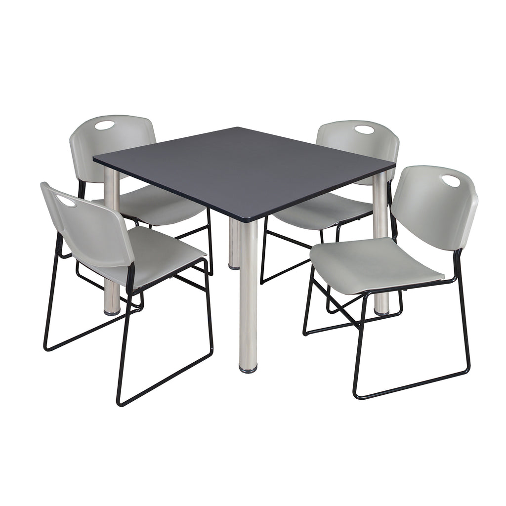 Regency Kee 30 in Square Breakroom Table Top Black Legs 4 Zeng Stack Chairs