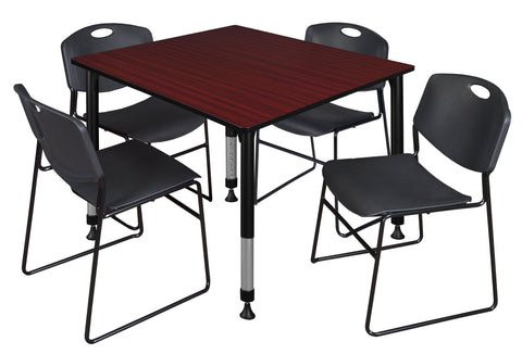 Regency Kee 30 in. Square Adjustable Classroom Table & 4 Zeng Stack Chairs Black