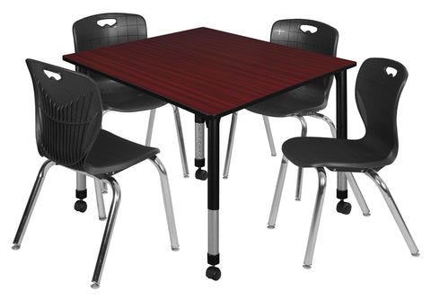 Regency Kee 30 in. Square Mobile Adjustable Classroom Table & 4 Andy 18 in. Stack Chairs Black
