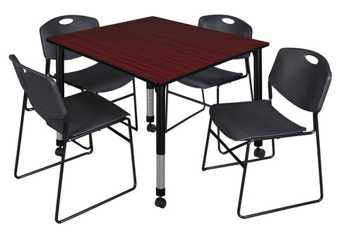 Regency Kee 30 in. Square Mobile Adjustable Classroom Table & 4 Zeng Stack Chairs Black