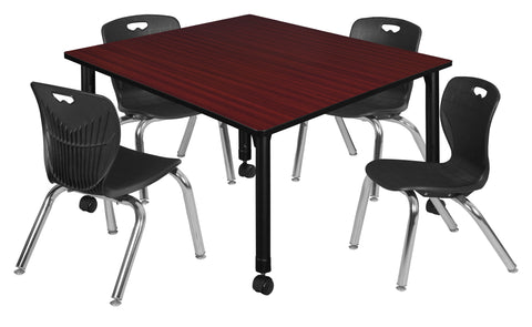 Regency Kee 30 in. Square Mobile Adjustable Classroom Table & 4 Andy 12 in. Stack Chairs Black
