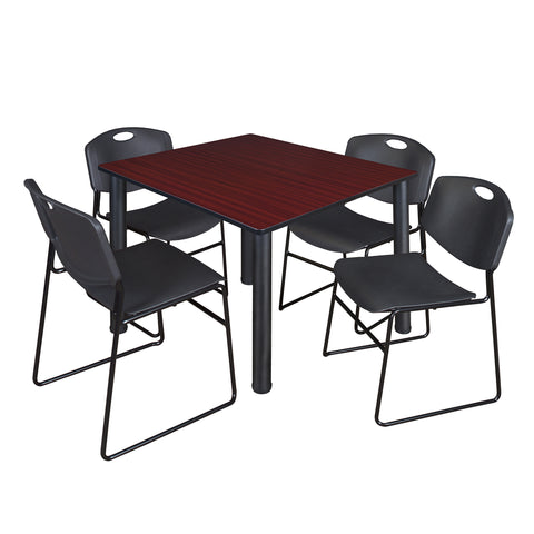 Regency Kee 30 in Square Breakroom Table Top Black Legs 4 Zeng Stack Chairs