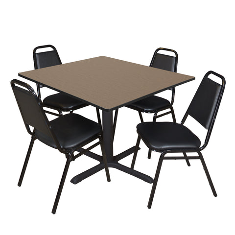 Regency Cain 30 in. Square XBase Breakroom Table & 4 Restaurant Stack Chairs Black