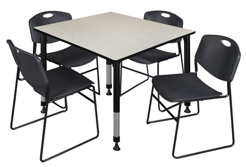 Regency Kee 30 in. Square Adjustable Classroom Table & 4 Zeng Stack Chairs Black