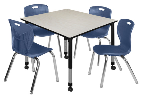Regency Kee 30 in. Square Mobile Adjustable Classroom Table & 4 Andy 18 in. Stack Chairs Black