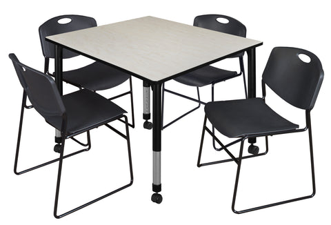 Regency Kee 30 in. Square Mobile Adjustable Classroom Table & 4 Zeng Stack Chairs Black