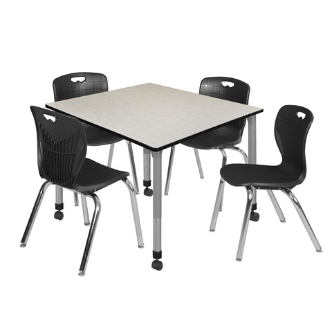 Regency Kee 30 in. Square Mobile Adjustable Classroom Table & 4 Andy 18 in. Stack Chairs Black