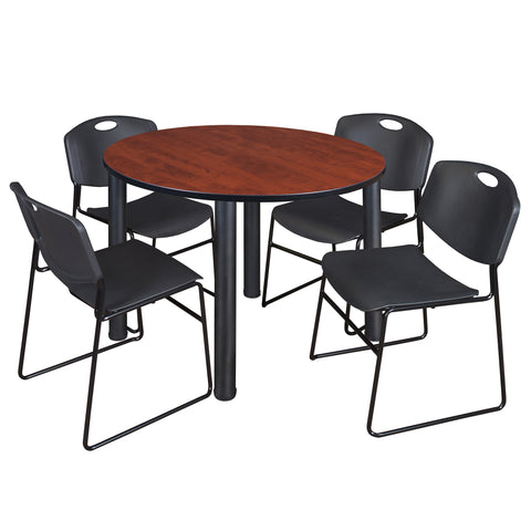 Regency Kee 36 in Round Breakroom Table Top Black Legs 4 Zeng Stack Chairs