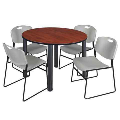 Regency Kee 36 in Round Breakroom Table Top Black Legs 4 Zeng Stack Chairs