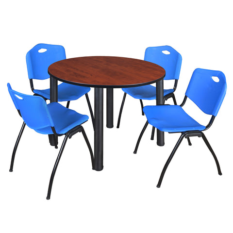 Regency Kee 36 in Round Breakroom Table Top Black Legs 4 M Stack Chairs