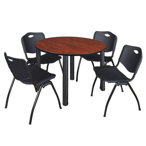 Regency Kee 36 in Round Breakroom Table Top Black Legs 4 M Stack Chairs