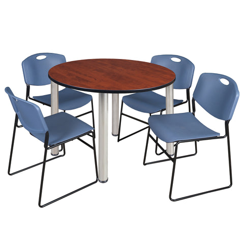 Regency Kee 36 in Round Breakroom Table Top Black Legs 4 Zeng Stack Chairs