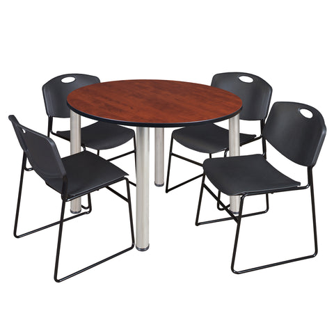 Regency Kee 36 in Round Breakroom Table Top Black Legs 4 Zeng Stack Chairs