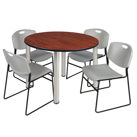 Regency Kee 36 in Round Breakroom Table Top Black Legs 4 Zeng Stack Chairs
