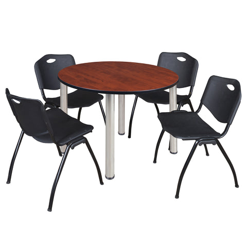 Regency Kee 36 in Round Breakroom Table Top Black Legs 4 M Stack Chairs