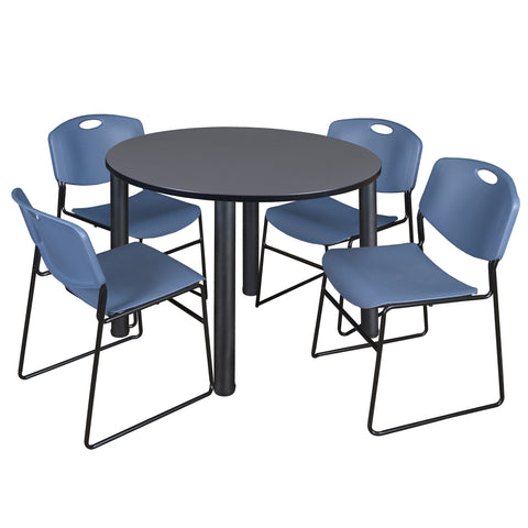 Regency Kee 36 in Round Breakroom Table Top Black Legs 4 Zeng Stack Chairs