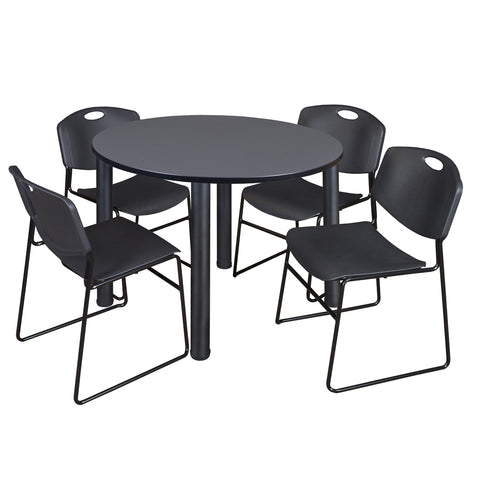 Regency Kee 36 in Round Breakroom Table Top Black Legs 4 Zeng Stack Chairs