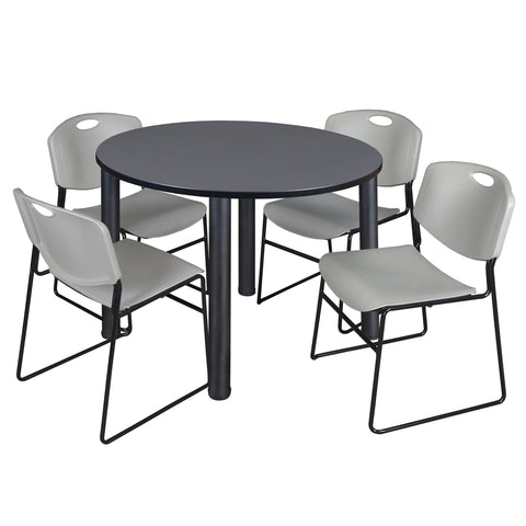 Regency Kee 36 in Round Breakroom Table Top Black Legs 4 Zeng Stack Chairs