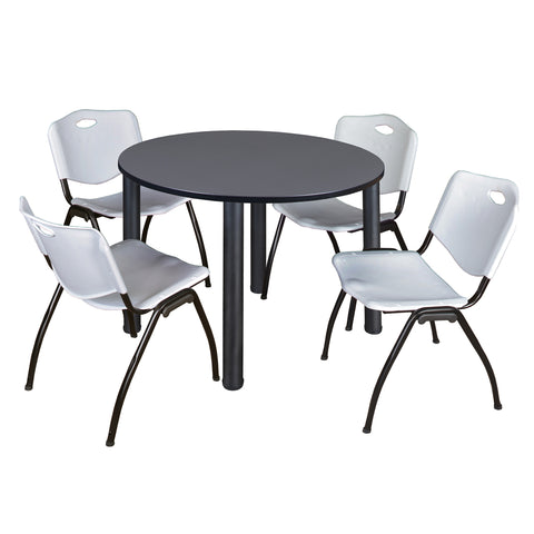 Regency Kee 36 in Round Breakroom Table Top Black Legs 4 M Stack Chairs