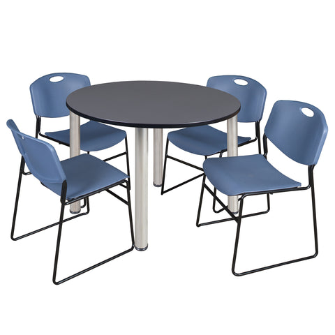 Regency Kee 36 in Round Breakroom Table Top Black Legs 4 Zeng Stack Chairs