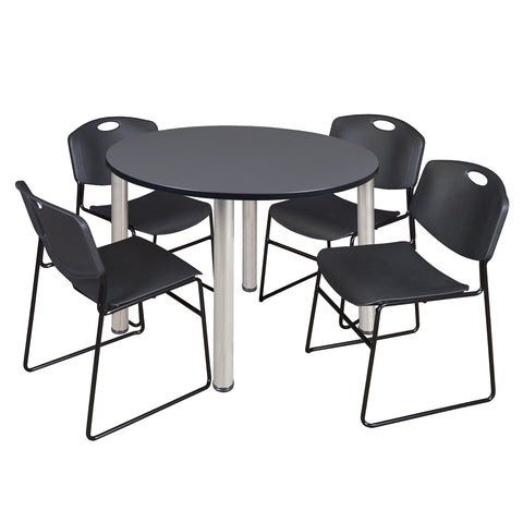 Regency Kee 36 in Round Breakroom Table Top Black Legs 4 Zeng Stack Chairs